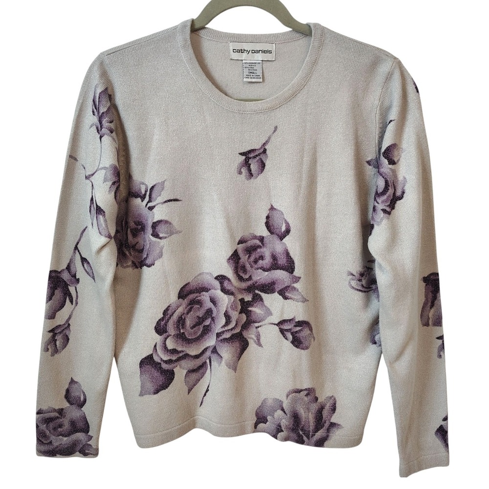 Cathy Daniels Womens Top Small‎ Purple Floral Shimmery Sparkle Long Sleeve